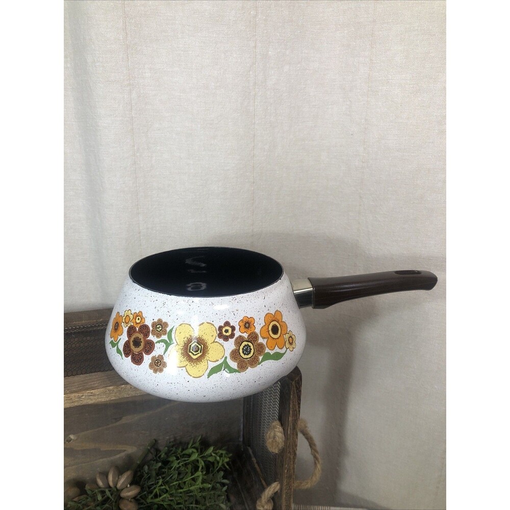 Vtg  70s Harvest Blossom Porcelain Enamel Cookware Saucepan/ Fondue Pot No Lid